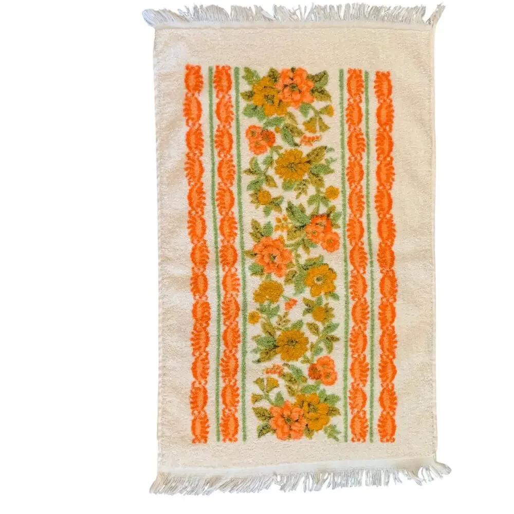 Vtg Cannon 70s Floral Bath Hand Dish Towel Orange Green Yellow Fringe Cotton 3